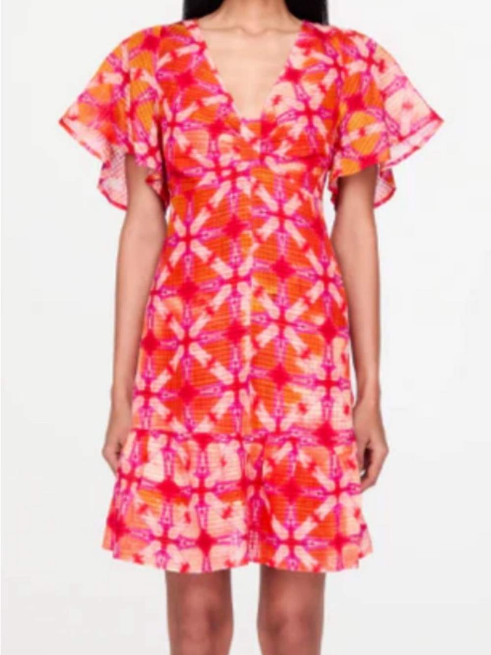 Vivid Pink & Orange Tie-Dye V-Neck Flutter Sleeve Dress